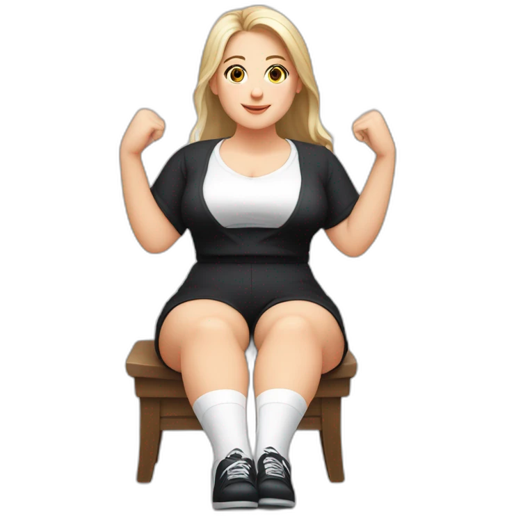 Front view full body curvy caucasian beauty sitting straight hands up black skirt white knickers white socks emoji
