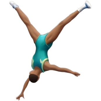 An athletic person soaring high above a trampoline, executing an acrobatic flip with perfect form. The scene captures motion and energy, with a dynamic pose, stretched limbs, and a focused expression. The background suggests a professional trampoline arena with safety padding. emoji