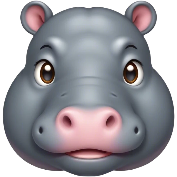 Cinematic Cute Hippo Portrait Emoji, Head tilted playfully and inquisitively, featuring a glossy slate-gray hide with a gentle sheen and round, sparkling eyes filled with curious charm, Simplified yet irresistibly adorable features, highly detailed, glowing with a warm, friendly glow, high shine, affectionate and serene, stylized with a touch of aquatic whimsy, bright and endearing, soft glowing outline, capturing the essence of a mischievous yet loving hippo, so playful it feels like it could splash out of the screen and into your arms! emoji