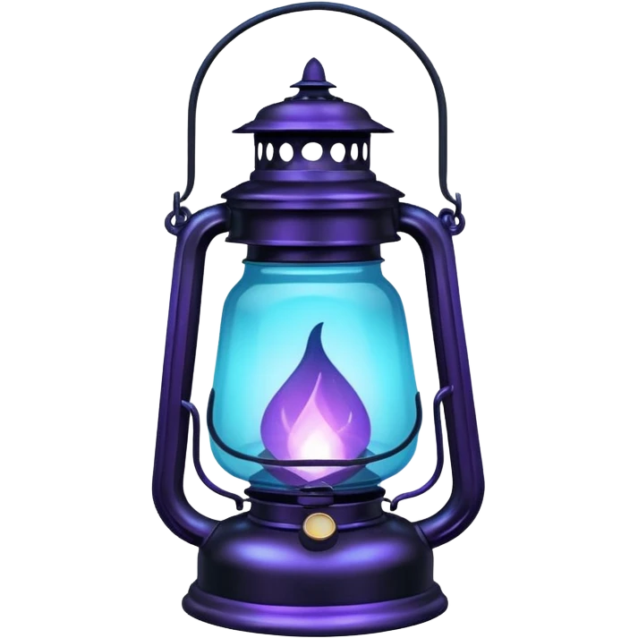 A black old wide big vintage lantern lamp with a glowing blue-cyan-purple-gradients flame inside  emoji