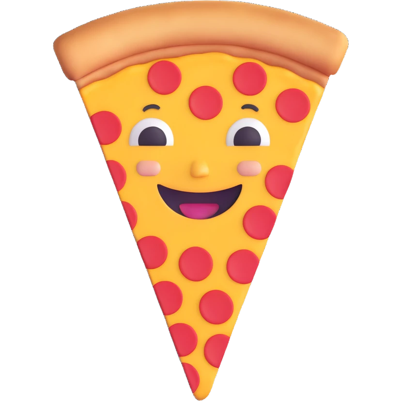 a pizza slice with a smiling face, fun and friendly emoji