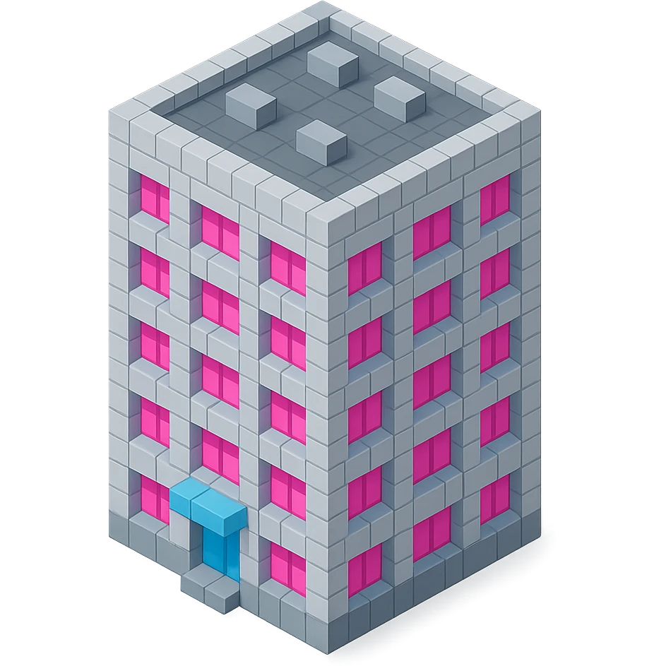 Russian panel apartment building, square block, light gray, pink windows, isometric view emoji