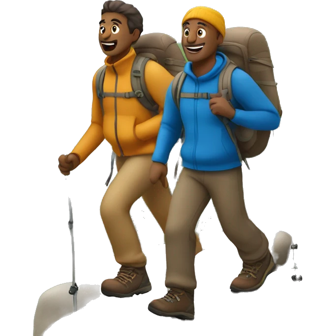 3 light brown men hiking up a mountain wearing different coloured clothing emoji