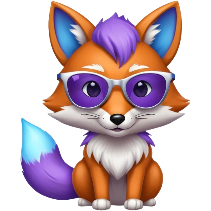 A cool fox with purple-blue fur, a glowing tail, a silver star on its forehead, and round glasses replaced by stylish sunglasses, looking confident. 🦊😎 emoji