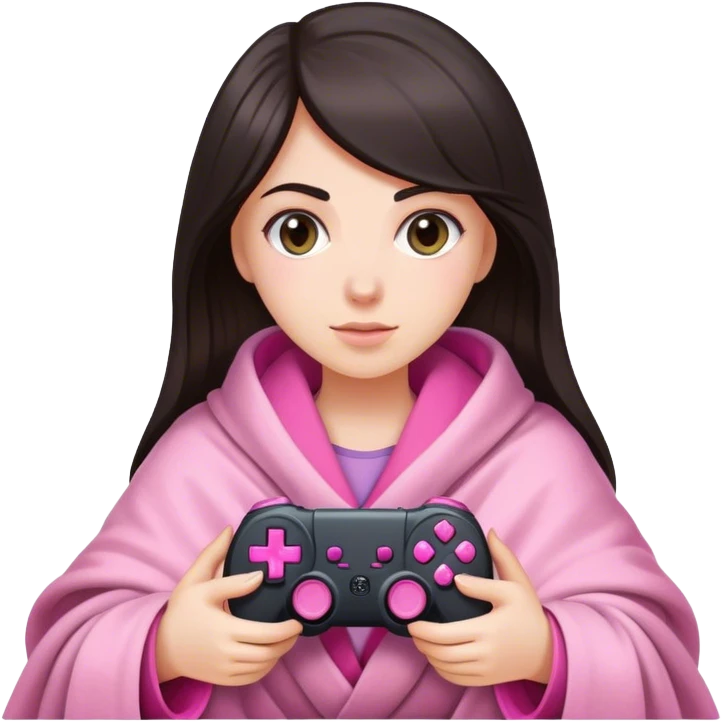 White girl with dark hair wrapped up in a blanket with a pink gaming controller in her hands emoji