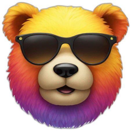 Rainbow colored teddy bear face wearing sunglasses emoji