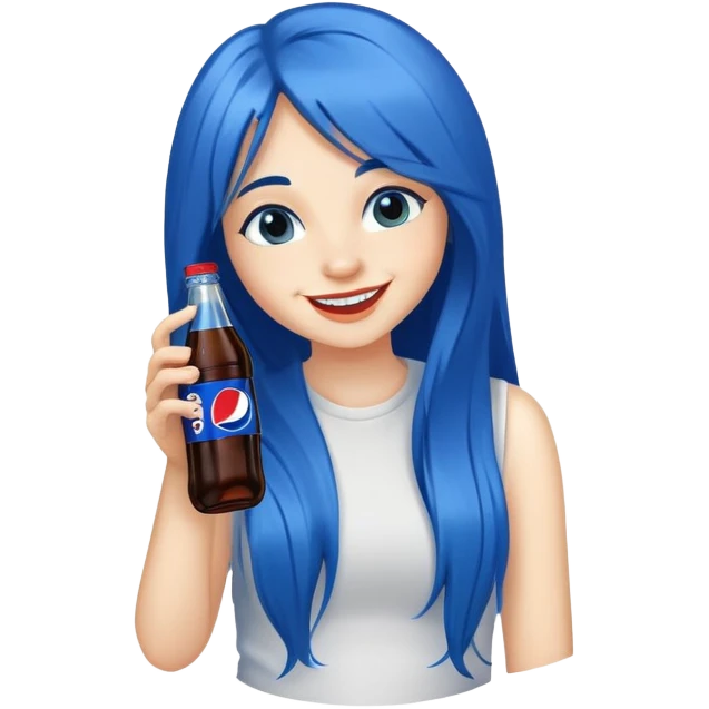 smiling girl long blue hair drinking a  bottle of pepsi emoji