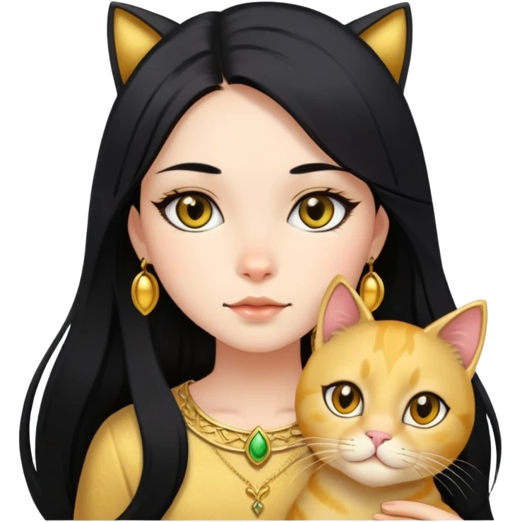 long black hair girl with BLACK eyes with gold cat emoji