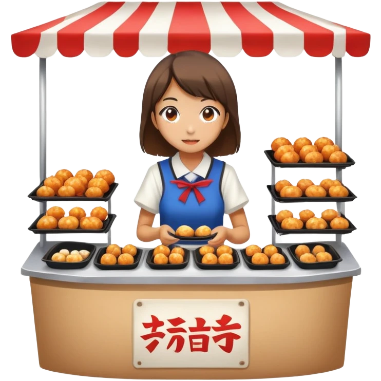Japanese high school girl at cultural festival running food stall with takoyaki emoji