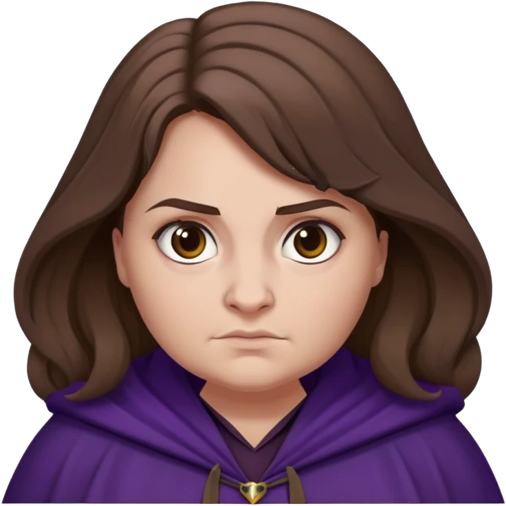 Alecto Carrow in harry potter, a woman fat, brown hair, tied hair, look evil, dark purple cloak emoji