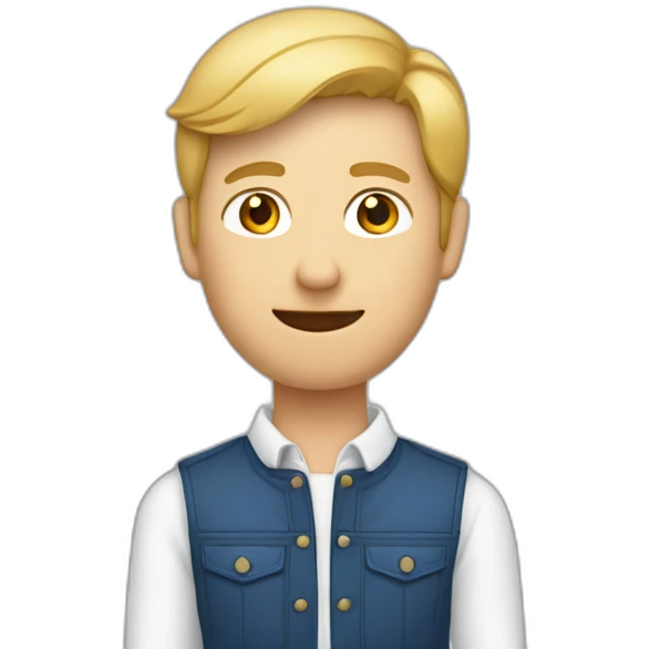 Een man met een rode jas en kort blond haar en een spijkerbroek aan en witte tanden emoji