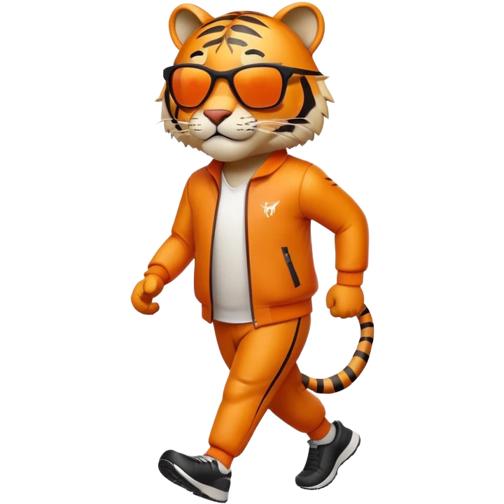 energetic anthropomorphised tiger in sports clothes, wearing dark sunglasses, walking upright emoji