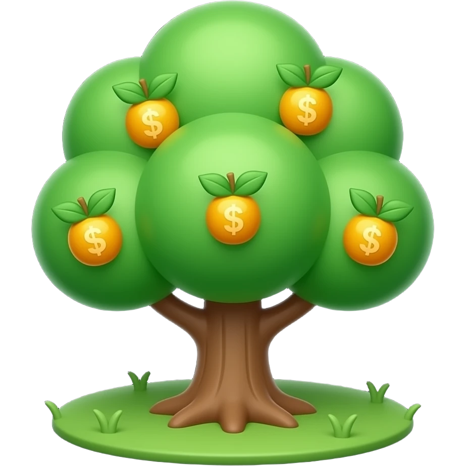 Apple-style money tree emoji, round soft green canopy. No pot, no ground — only the tree. Small gold coins as fruits inside the leaves. Flat 2D, clean shapes, no gradients. Dark near-black background, premium fintech icon. emoji