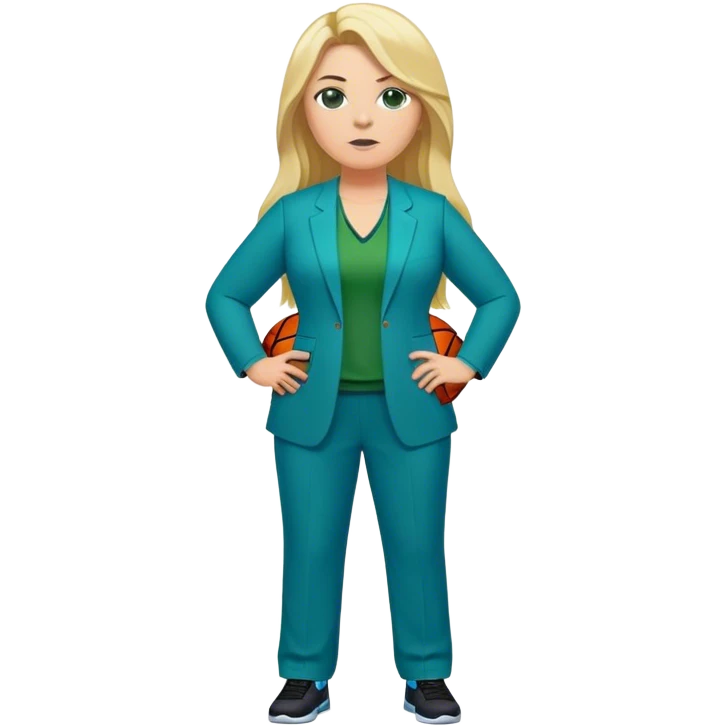 Full Body white plus size female basketball head coach with long blonde hair in a blue and green suit emoji