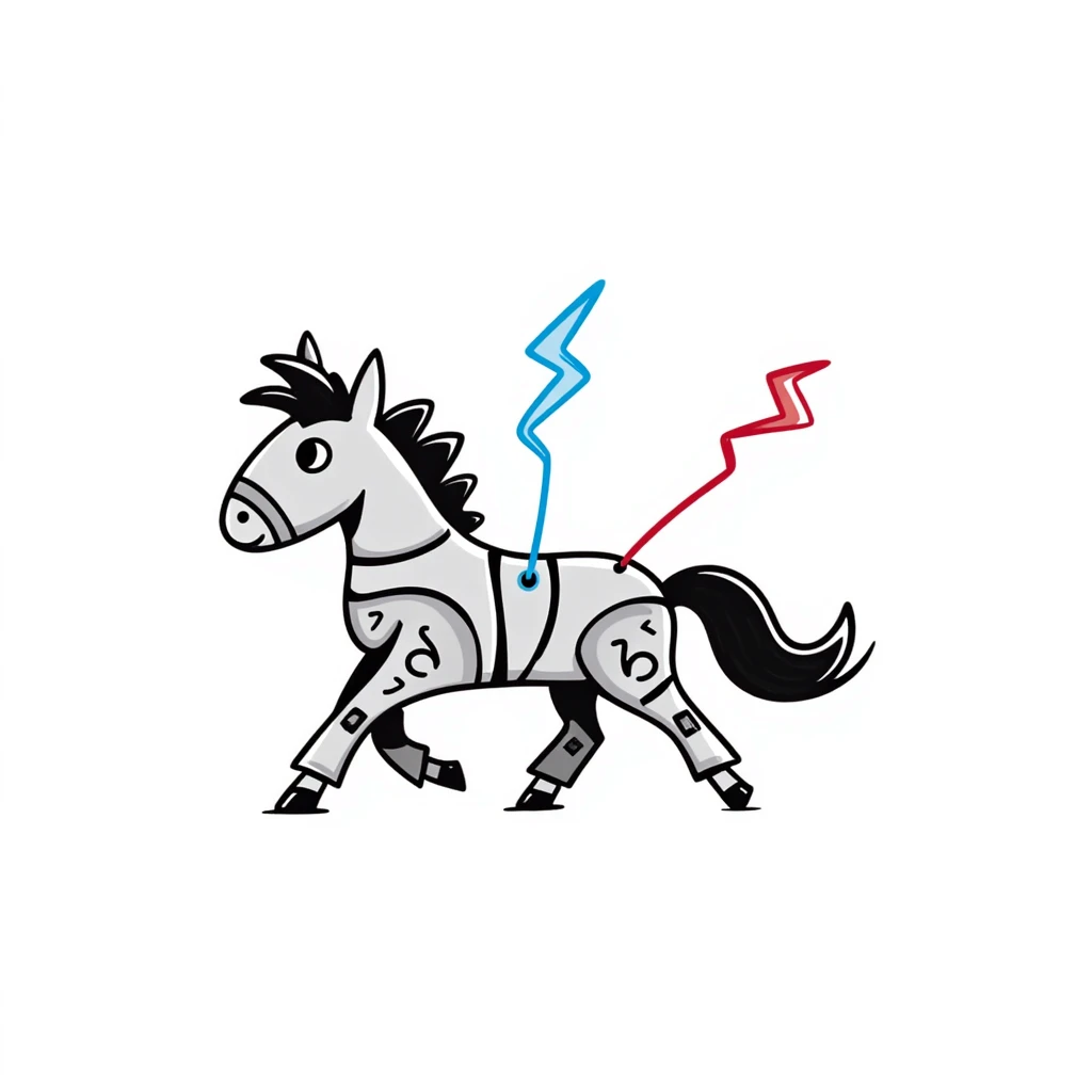 fast electric horse made of electricity, metal plates, bolts, visible blue and red wires, lightning coursing through its body, mechanical look emoji