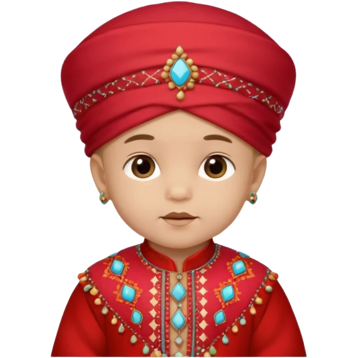  baby boy dressed in colorful ghalibiya with delicate decorations with a red Moracain hat emoji