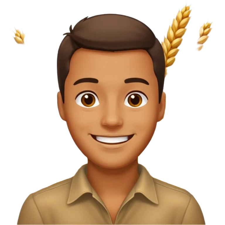 man happy satisfied with wheat and grain floating arround emoji