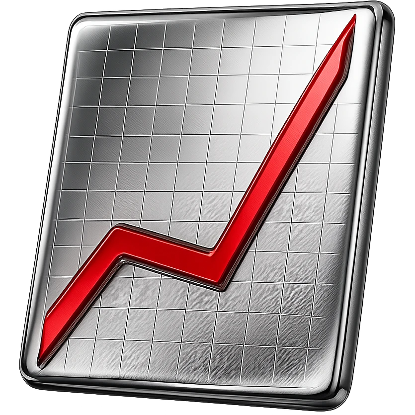 Make the white part of the chart chrome metallic with a shiny reflective surface. Keep the red line shiny and vibrant red. Keep the grid lines subtle and delicate. No background outside the chart area, transparent background outside the chart. emoji