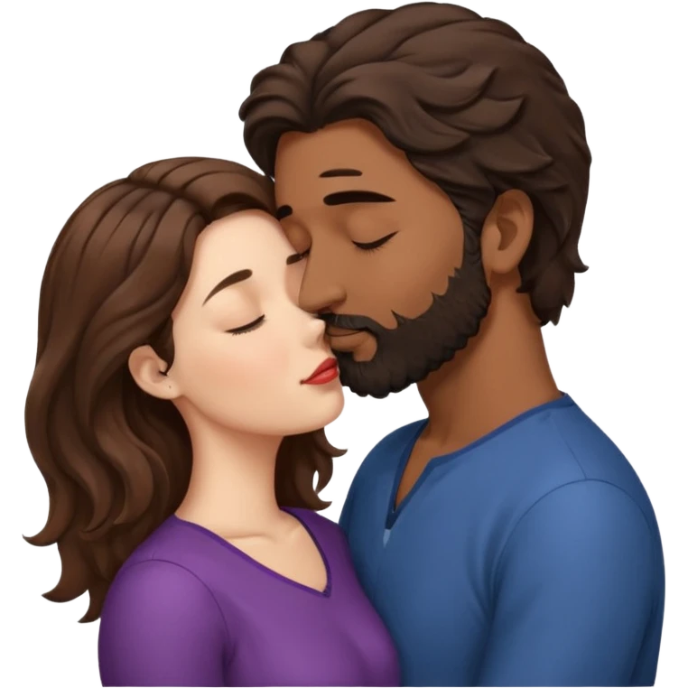 White woman (brown hair with eyes closed) kissing the top of the head (forehead) of brown man with black wavy hair (has a a beard with his eyes closed too). Woman has her lips to the forehead of the man, kissing him. emoji