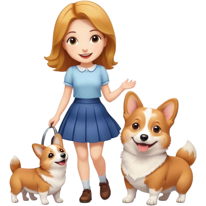 A beautiful girl with fair skin wearing a skirt and happily playing with corgi emoji