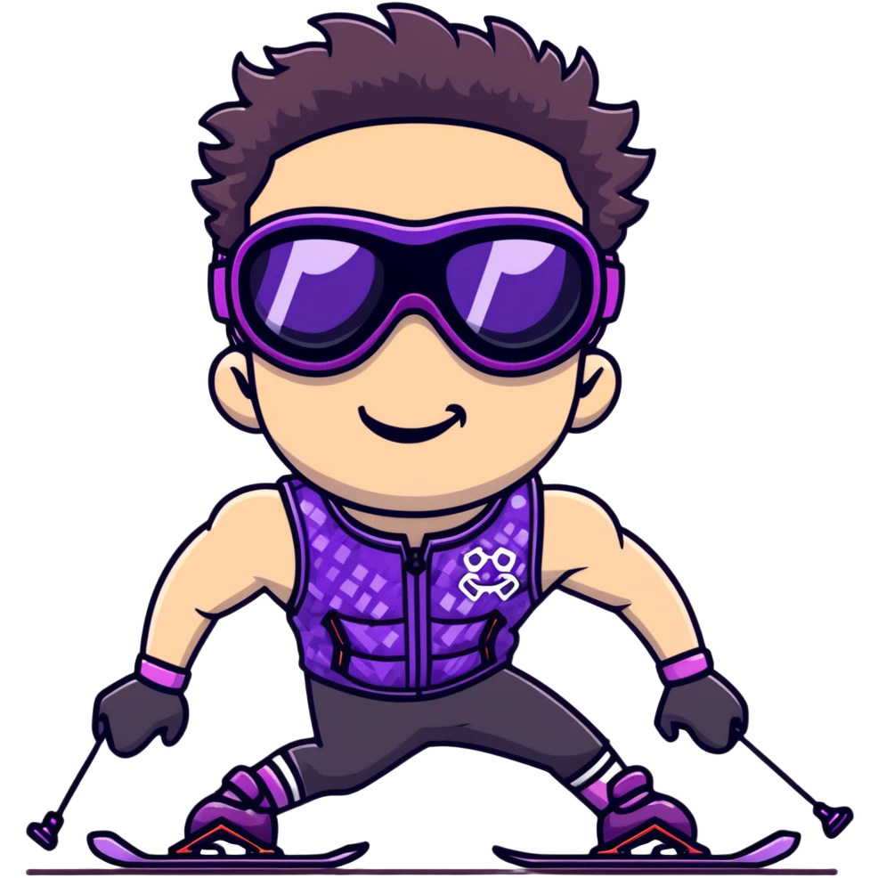 close-up of bad guy male athlete with white skin and moderately curly dark brown hair on top with shaved sides, wearing ski goggles with purple frames and very dark black lenses, a simple plain black chain necklace, and a completely unzipped sleeveless vest with purple and black sequin fire pattern design with no logo, pulling his tongue out very far in an exaggerated mocking gesture, looking menacing and villainous emoji