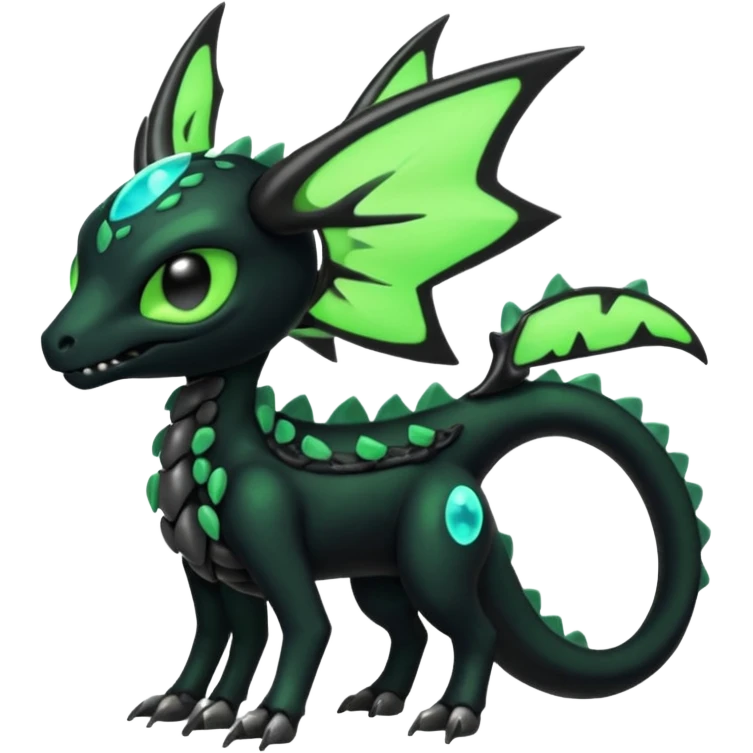 Horned Evil Cool Handsome Badass Edgy Obsidian-black and neon-glowing-green skeletal Meloetta-Salandit-Gorebyss-Zygarde-Pokémon-Fakémon-creature-fusion-hybrid emoji
