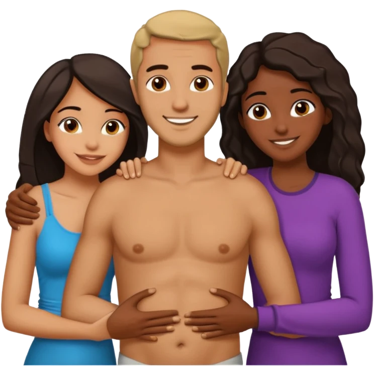 middle Eastern man with two African girlfriends he is 5 inches taller than them. They are rubbing his chest and holding each other breasts and he has his arms wrapped around them around their waist on their butts. emoji