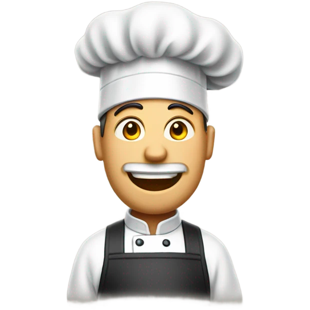 Tall man wearing a chef hat and apron next to a grill emoji