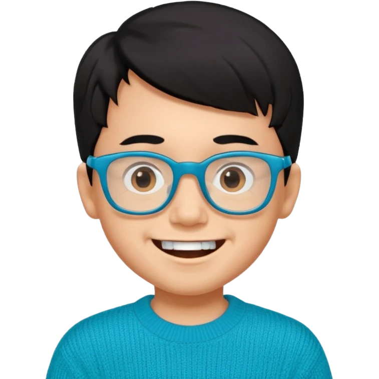 Chico de 7 años, pelo negro y repeinado, piel oscurita pero no mucho, gafas rectangulares azules, sonriente sin 1 diente, jersey verde turquesa y ojos algo rasgados emoji