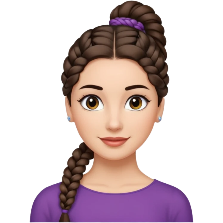 Hyper realistic woman with slightly curved dark eyebrows, perfectly symmetric with glam makeup, a single braided brunette ponytail going over the shoulder. Calm but professional smile emoji