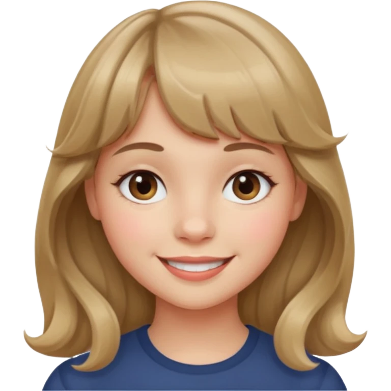 A girl with wavy, dark blonde hair, straight bangs, and straight eyes. She is smiling. emoji