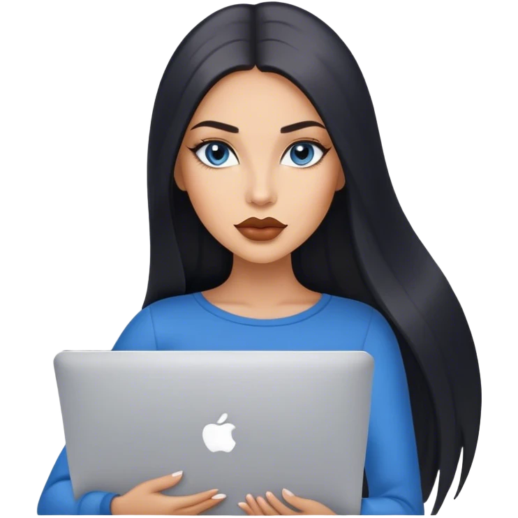 Glamours, tanned, very beautiful girl, with big pump beige lips, black straight smooth silky long hair, straight parting, blue-grey eyes, holding MacBook emoji