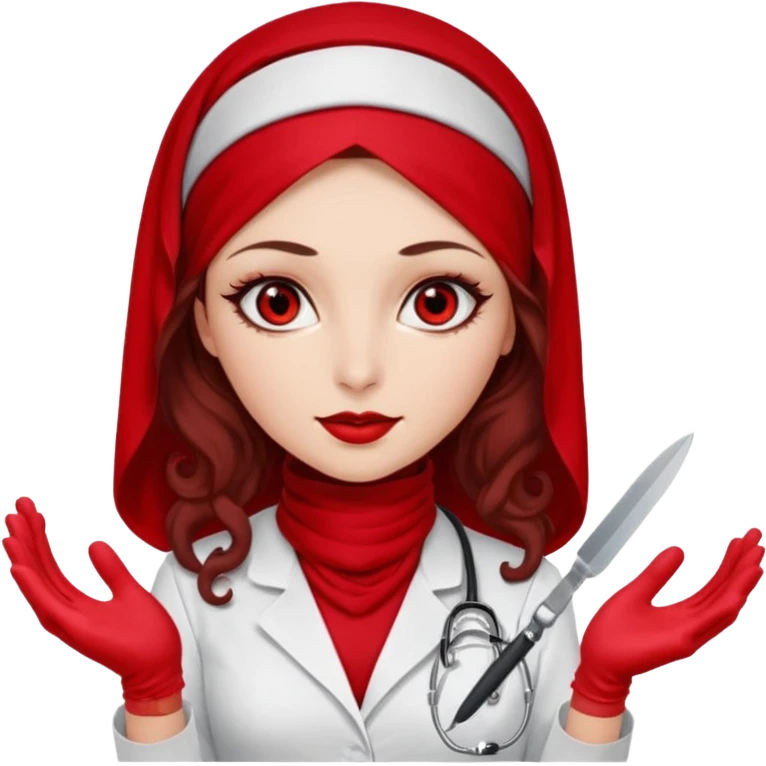 Lilith scalpel in hand, evil surgeon outfit.  She has red eyes. She has dark brown curly hair. Hair is long . Wears sexy doctor outfit with red gloves. Clears, mouth with Muslim red burka emoji
