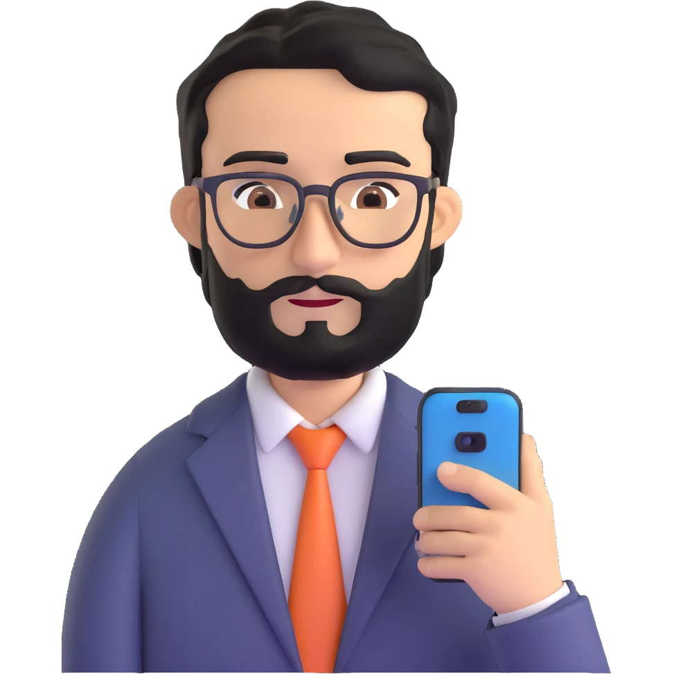 same professional man with medium black beard, neat black hair, connected unibrow, olive tan skin, brown eyes, glasses, prominent nose, in business casual attire, looking at mobile phone screen emoji