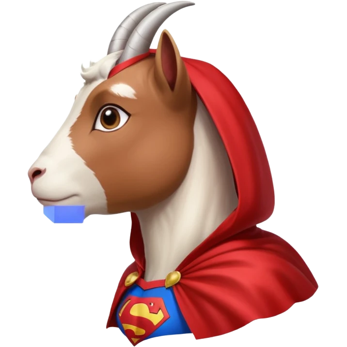 side view of white female goat wearing a read cape like superman emoji