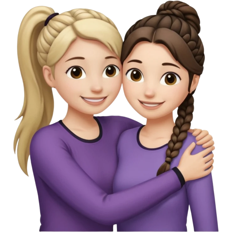 Comforting Hug two white skin women, one shorter woman with medium brown simple top ponytail, not braided, and one taller woman with a single long black side braid emoji