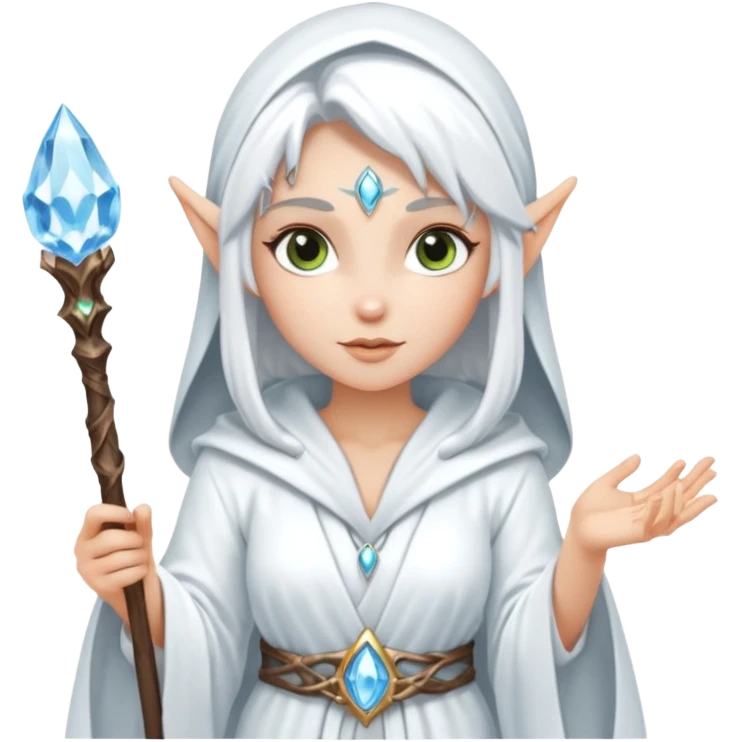 {
      "type": "human",
      "look": "snow elf sorceress, white robe, silver staff, ice gem top",
      "description": "a snow elf sorceress in a white robe with a silver staff topped by an ice gem"
    } emoji
