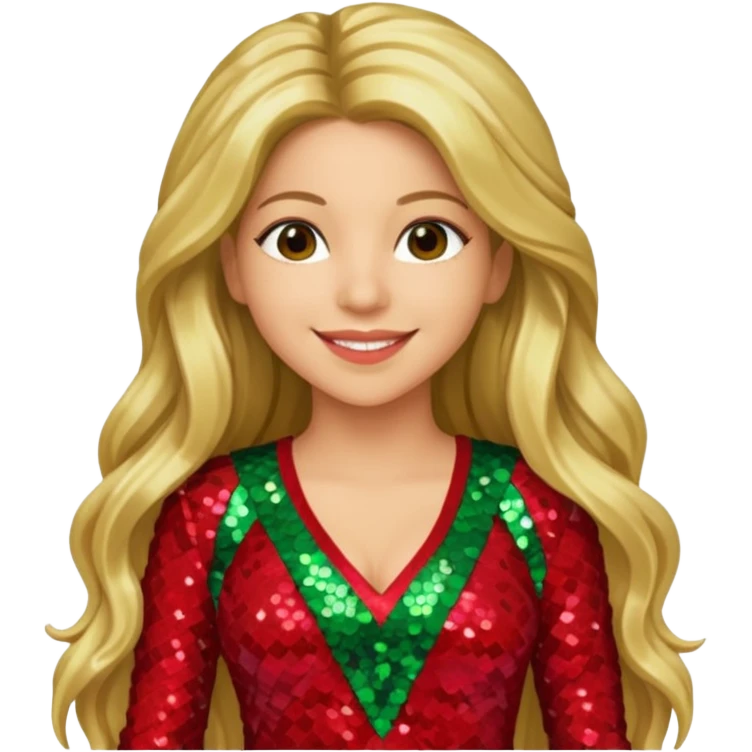 Shakira with long dark blonde hair, red green sequin outfit emoji