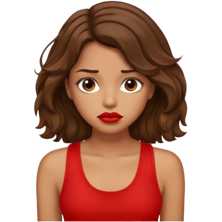 generate a pretty tan bratz girl with brown wavy hair long wearing a red tank top, red lipstick. Looking sad emoji