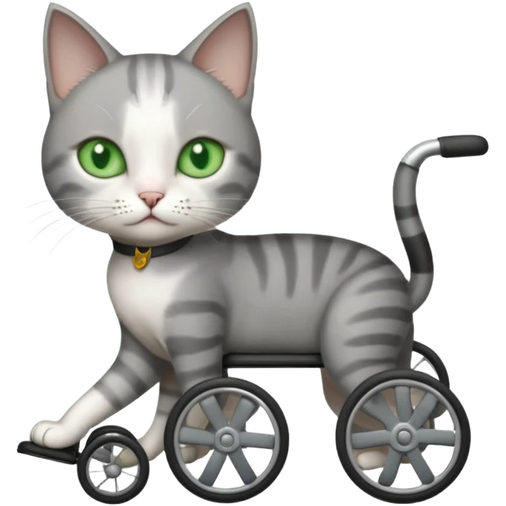 full body small short hair dark grey and white cat with green eyes walking in a wheelchair for cats emoji