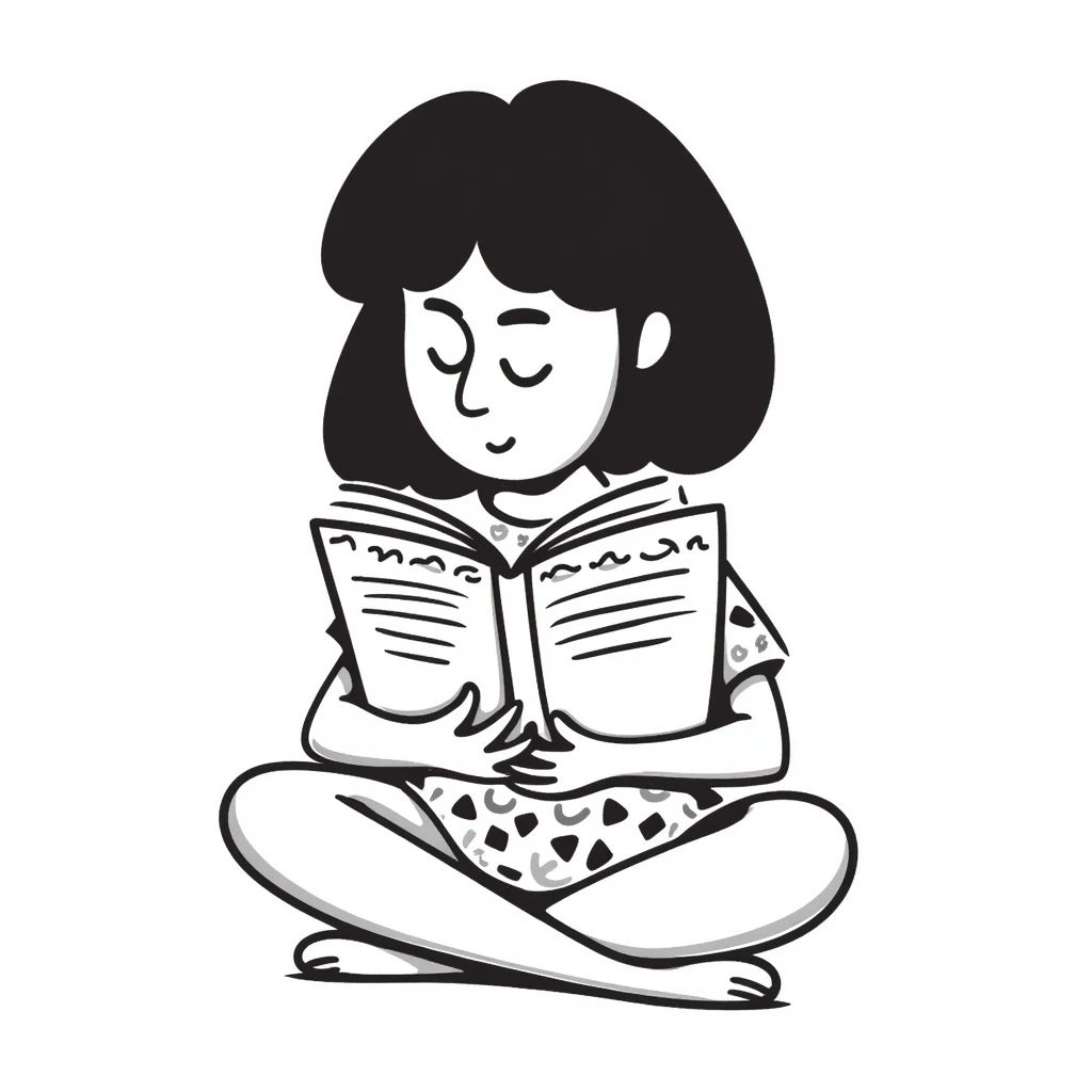 Cute girl sitting cross-legged reading from an open notebook with concentration emoji
