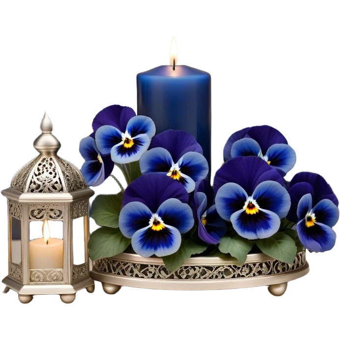 A dreamy celestial composition showcasing deep blue pansies with velvety petals, arranged around an intricately carved pearl-colored candle. The silver crescent moon in the background radiates a soft, celestial glow, illuminating swirling clouds with a hint of stardust. Floating lanterns drift gently through the night sky, casting warm, golden light. The scene is framed by delicate silver filigree patterns, giving it an elegant, almost magical feel. emoji