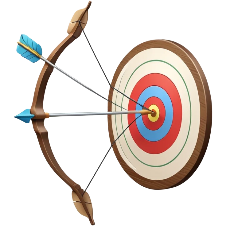 A bow with an arrow drawn back, aimed at a target with concentric rings. The background suggests a calm, outdoor archery range, emphasizing the precision, focus, and skill required in archery as a competitive sport. emoji