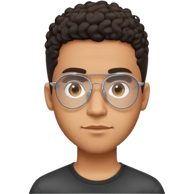 Young brown-skinned Latino man with oval face and large forehead, metal-framed aviator glasses with clear lenses, high skin fade haircut with very short dark curls only on top, calm friendly expression, black t-shirt emoji