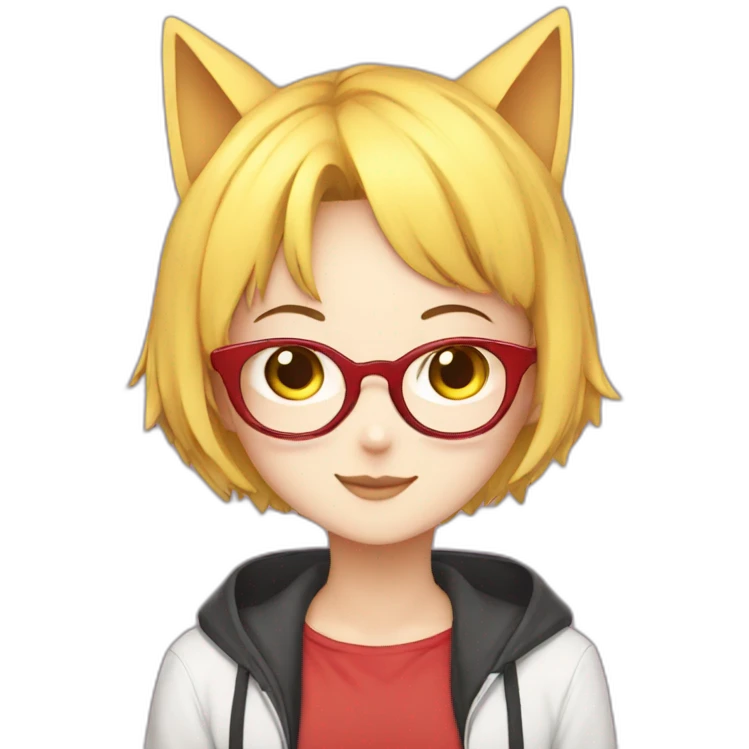 anime girl with short yellow hair, red glasses, cat ear, idol costume emoji
