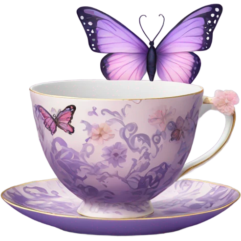 A delicate butterfly with pastel pink wings, resting on the edge of a purple porcelain teacup adorned with intricate violet floral patterns. emoji