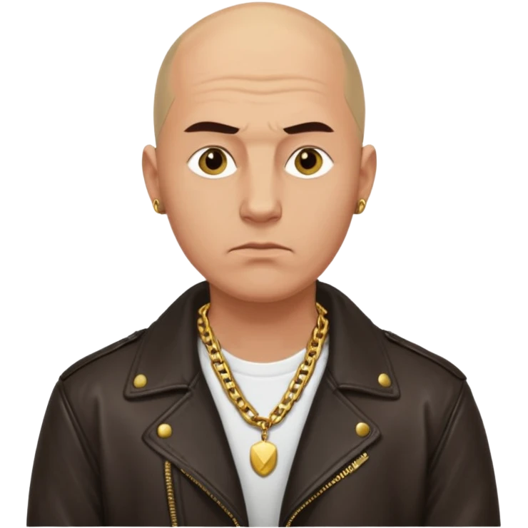 Bald Russian 1990s gangster emoji, leather jacket, gold chain, serious face emoji