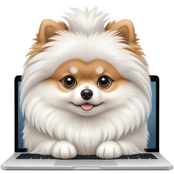 A cute Pomeranian dog working on a MacBook, front view emoji