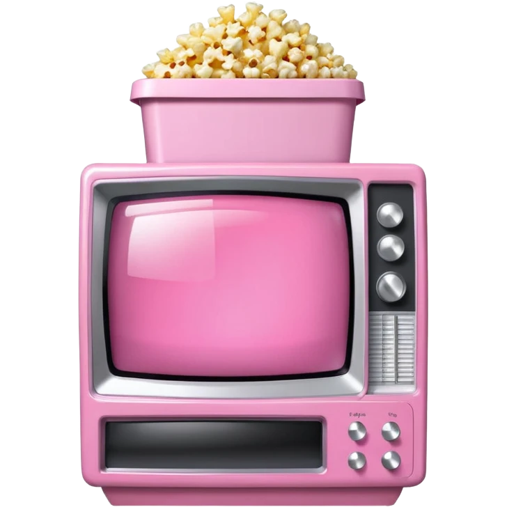 front view of transparent sparkly pink shiny CRT TV sitting on top of pink VCR, with pink/white rhinestone bucket of popcorn sitting next to it emoji