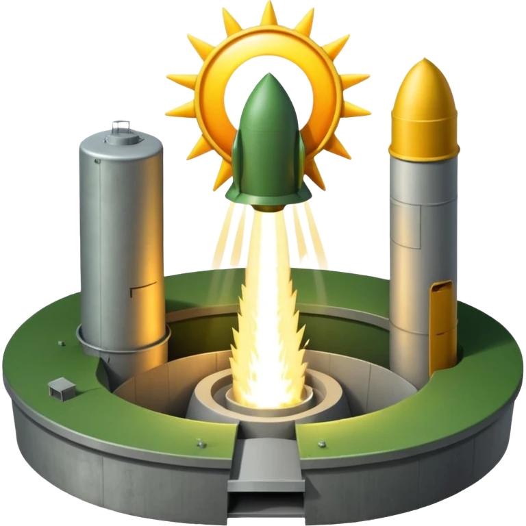 green landscape with sun in top of the background, there is a grey missile silo hatch open, and the top two thirds of a white nuclear missile launching out of the silo is shown emoji